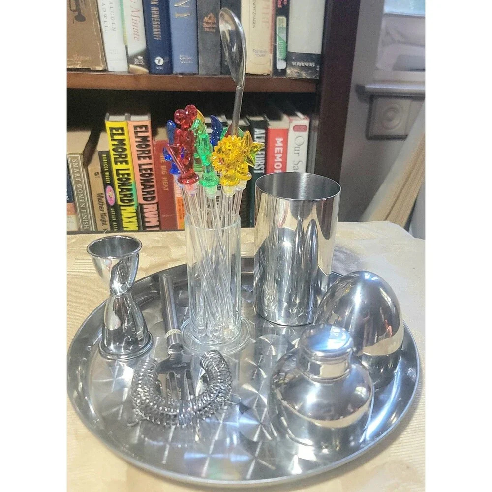 Bartending Tools w Silver Tray Cocktail Shaker Strainer Jigger Stirs Bar Spoon
